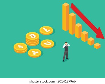 Cryptocurrency isometric vector concept. Stressful businessman with declining cryptocurrency price diagram and arrow