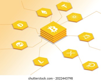 Cryptocurrency isometric vector concept. Cryptocurrency symbols connecting to a server