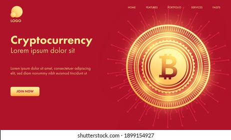 Cryptocurrency Landing Page Design With Golden Bitcoin On Red Background.