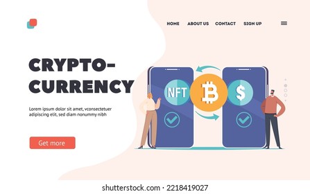 Plantilla de la página de inicio de criptodivisa. Usuarios Que Intercambian Activos A Través De Ejecución De Contratos Inteligentes En Blockchain. Personajes de negocios en el concepto de finanzas de los gigantescos smartphones. Ilustración de vectores de personas de caricatura