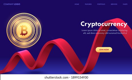 Página Inicial Criptomoeda Ou Modelo Da Web Com Bitcoin Dourado E Onda Vermelha 3D Em Fundo Azul.