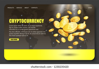 Cryptocurrency landing page website template. Vector realistic illustration of golden bitcoins, digital currency for electronic payments. Bitcoin and blockchain technology concept.