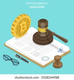 Cryptocurrency legislation flat isometric vector concept. Signed document with bitcoin and gavel on it.