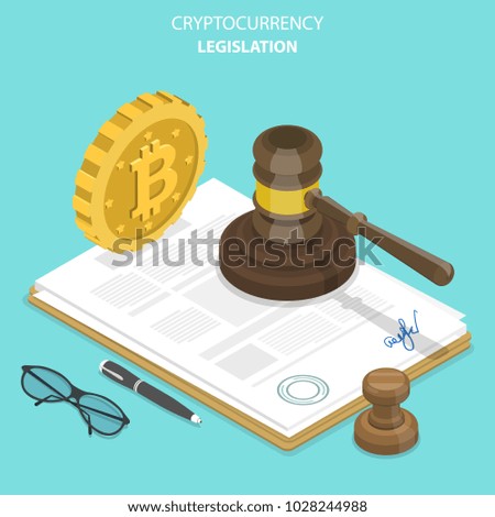 Cryptocurrency legislation flat isometric vector concept. Signed document with bitcoin and gavel on it.