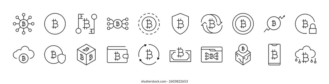 Cryptocurrency Line Icon Collection. Editable Stroke. Perfect for Infographics, Articles, Books, Flyers, Banners