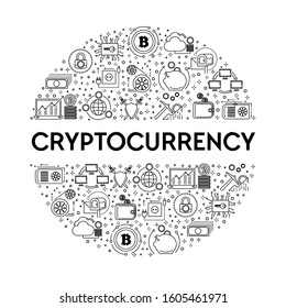 Cryptocurrency line icon on emblem, bitcoin mining and profit