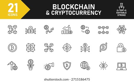Conjunto de iconos de línea de criptomoneda. Conjunto de 21 iconos de esquema relacionados con criptomoneda, bitcoin, tecnología blockchain, NFT, minería, pago, intercambio y otros. Trazo editable. Ilustración vectorial.