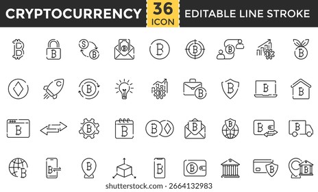 Symbolsatz für die Kryptowährungszeile. Pixel Perfect and Outline Editierbare Stroke Icons Sammlung für Bitcoin, Blockchain, Chart, Münze, digitale Währung, Ethereum, Finanzen, Mining, Netzwerk, Sicherheit, Geldbörse