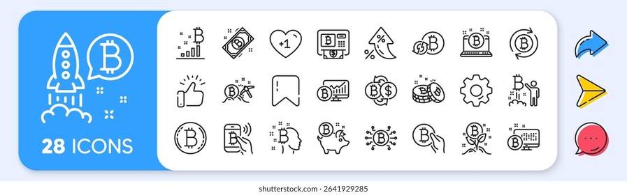 Cryptocurrency line icons. Interest rate, AI generate, Inflation icons. Set of Blockchain, Crypto ICO start up and Bitcoin icons. Mining, Cryptocurrency exchange, gold pickaxe. Vector