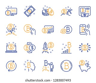 Cryptocurrency line icons. Set of Blockchain, Crypto ICO start up and Bitcoin icons. Mining, Cryptocurrency exchange, gold pickaxe. Bitcoin ATM, crypto coins, financial ico markets, blockchain