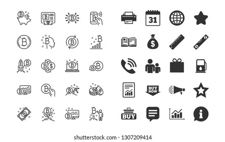 Cryptocurrency line icons. Set of Blockchain, Crypto ICO start up and Bitcoin linear icons. Mining, Cryptocurrency exchange and gold pickaxe symbols. Bitcoin ATM, crypto coins and financial markets