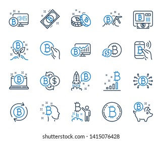 Cryptocurrency line icons. Set of Blockchain, Crypto ICO start up and Bitcoin icons. Mining, Cryptocurrency exchange, gold pickaxe. Bitcoin ATM, crypto coins, financial ico markets, blockchain