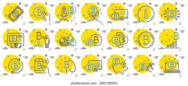 Cryptocurrency line icons. Set of Blockchain, Crypto ICO start up and Bitcoin icons. Mining, Cryptocurrency exchange, gold pickaxe. Bitcoin ATM, crypto coins, financial ico markets, blockchain. Vector