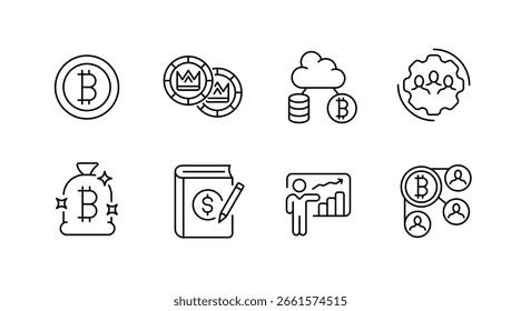 Conjunto de ícones de linha de criptomoeda - digital, blockchain, símbolos fintech
