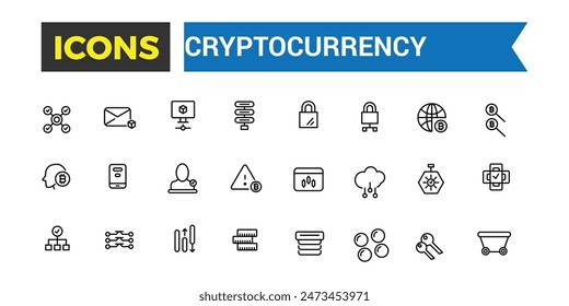 Cryptocurrency line icons set. Cryptocurrency icons with editable stroke collection.