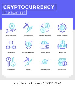 Cryptocurrency Line Icons Set. The icons set includes bitcoin, mining, currency exchange, digital currency, blockchain, bitcoin wallet, video card, cryptography, course and cryptocurrency coin.  