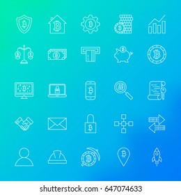 Cryptocurrency Line Icons. Vector Set of Outline Bitcoin Items over Blurred Background.