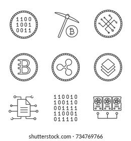 Cryptocurrency linear icons set. Digital coin, mining, bytecoin, ripple, stratis coins, digital document, binary code, mining hardware. Thin line contour symbols. Isolated vector outline illustrations