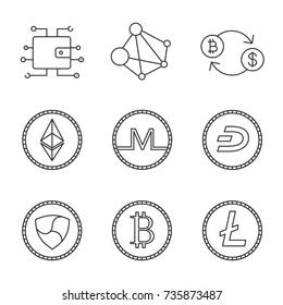 Cryptocurrency linear icons set. Digital wallet, blockchain, bitcoin exchange, ethereum, monero, dashcoin, nem, litecoin. Thin line contour symbols. Isolated vector outline illustrations
