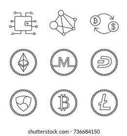 Cryptocurrency linear icons set. Digital wallet, blockchain, bitcoin exchange, ethereum, monero, dashcoin, nem, litecoin. Thin line contour symbols. Isolated vector outline illustrations