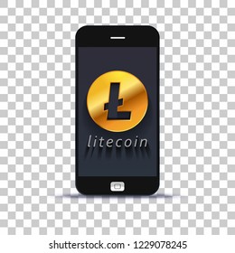 Cryptocurrency litecoin exchange application for mobile phone pasted on photo paper