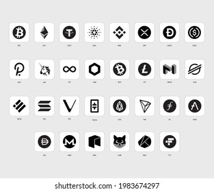 Cryptocurrency Logo, Bitcoin, ADA, Etherium, Chainlink, Litecoin, Dogecoin, Uniswap, Vechain,XRP, XLM, Iconset Black and white