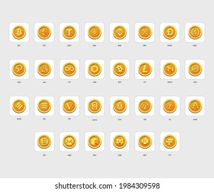 Cryptocurrency Logo, Bitcoin, ADA, Etherium, Chainlink, Litecoin, Dogecoin, Uniswap, Vechain,XRP, XLM, ShibaInu, BNB, TRON Iconset Gold Coin