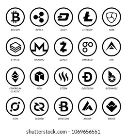 Cryptocurrency Logo Business Money Bitcoin Cash Litecoin Ethereum Monero Ripple Zcash Dash Stratis Vector