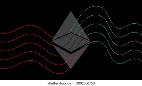 Cryptocurrency logo (ETH) with red and green curved stripe (Mobius wave) on black background, Abstract vector wallpaper.