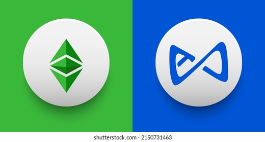 Cryptocurrency logo of Ethereum Classic ETC and Axie Infinity AXS symbol. Futuristic fintech based on block chain and virtual money concept vector templates. Can be used as icon, badge and sticker