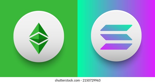 Cryptocurrency logo of Ethereum Classic ETC and Solana SOL symbol. Futuristic fintech based on block chain and virtual money concept vector templates. Can be used as icon, badge, sticker and banner