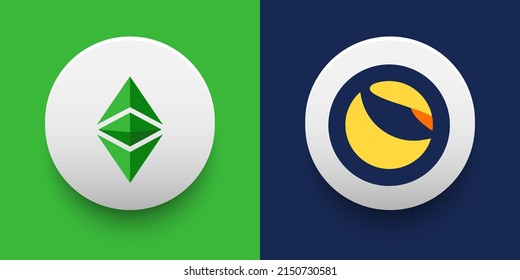 Cryptocurrency logo of Ethereum Classic ETC and Terra LUNA symbol. Futuristic fintech based on block chain and virtual money concept vector templates. Can be used as icon, badge, sticker and banner