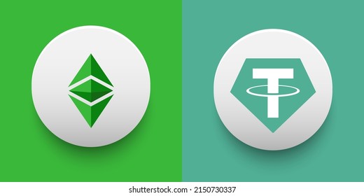 Cryptocurrency logo of Ethereum Classic ETC and Tether USDT symbol. Futuristic fintech based on block chain and virtual money concept vector templates. Can be used as icon, badge, sticker and banner