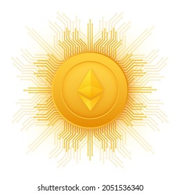 Logo de Cryptocurrency. Eterio de estilo plano sobre fondo dorado. Diseño vectorial aislado. Tecnología de Internet.