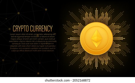 Logo de Cryptocurrency. Eterio de estilo plano sobre fondo dorado. Diseño vectorial aislado. Tecnología de Internet.