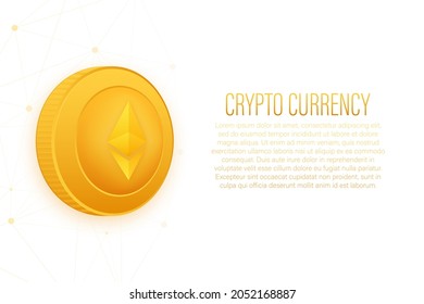 Cryptocurrency logo. Etherium in flat style on golden background. Vector design isolated. Internet technology.