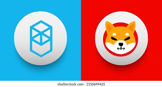 Cryptocurrency logo of Fantom FTM and Shiba Inu SHIB symbol. Futuristic fintech based on block chain and virtual money concept vector templates. Can be used as icon, badge, sticker and banner design