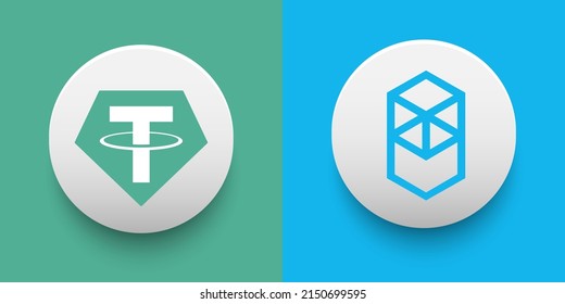 Logo de la criptodivisa de Fantom FTM y el símbolo de Tether USDT. Fintech futurista basada en la cadena de bloques y en plantillas vectoriales de concepto de dinero virtual. Se puede utilizar como icono, placa, pegatina y diseño de pancartas