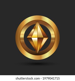 Cryptocurrency logo gold 3d geometric shape from a ring and a pointed figure inside, creative emblem blockchain technology.