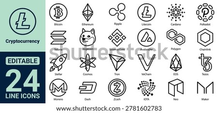 Cryptocurrency Logo Icon Set Featuring Bitcoin Ethereum Ripple Litecoin Cardano Polkadot Solana Dogecoin Binance Coin Avalanche Polygon Chainlink Stellar and Monero