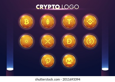 Cryptocurrency logo set - Bitcoin, Ethereum, Tether, Binance, Cardano, USD Coin, XRP, Dogecoin, Polkadot. Golden coins with Cryptocurrency symbol logo