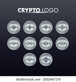 Cryptocurrency logo set - Bitcoin, Ethereum, Tether, Binance, Cardano, USD Coin, XRP, Dogecoin, Polkadot. Golden coins with Cryptocurrency symbol logo. Silver Coin with cryptocurrency symbol