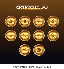 Conjunto de logotipo de criptodivisa - Bitcoin, Ethereum, Tether, Binance, Cardano, USD Coin, XRP, Dogecoin, Polkadot. Monedas de oro con el logotipo del símbolo de la criptomoneda. Moneda de oro con símbolo criptodivisa