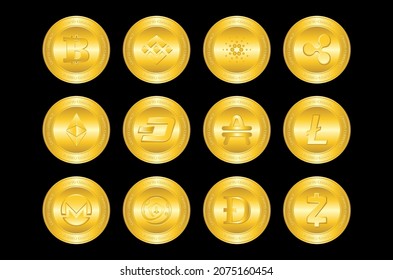 Cryptocurrency logo set - Bitcoin, Ethereum,  Binance, Cardano, USD Coin, XRP, Dogecoin, Polkadot. Golden coins with Cryptocurrency symbol logo