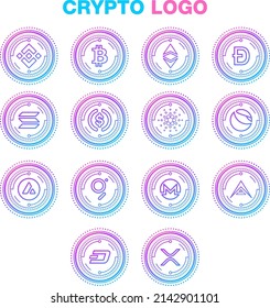 Cryptocurrency logo set - Bitcoin, Ethereum, Binance, Cardano, USD Coin, XRP, Dogecoin, Polkadot, Solana, Avalanche.Top market cap crypto outline icon, High-quality outline symbol with gradient.