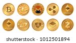 Cryptocurrency logo set - bitcoin, litecoin, ethereum, ethereum classic, monero, ripple, zcash dash stratis nem. Golden coins with Cryptocurrency symbol