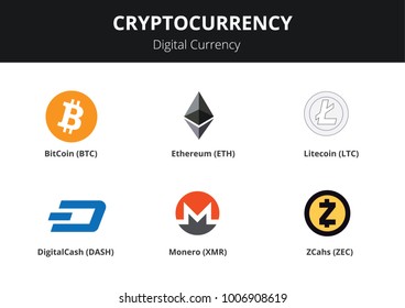 Cryptocurrency logo set - bitcoin, litecoin, ethereum, monero, ripple, zcash, digitalcash, dash, btc, eth, ltc, xmr, zec