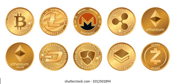 Cryptocurrency logo set - bitcoin, litecoin, ethereum, ethereum classic, monero, ripple, zcash dash stratis nem. Golden coins with Cryptocurrency symbol