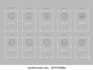 Cryptocurrency logo set - bitcoin, litecoin, ethereum, ethereum classic, monero, ripple, zcash dash stratis nem. 