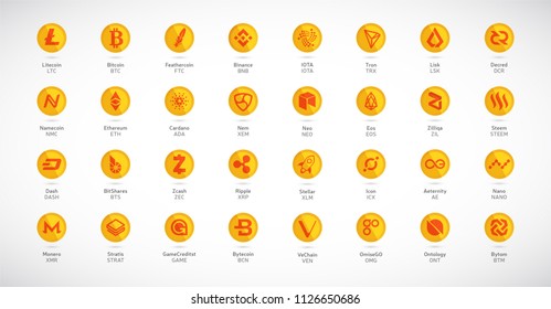 Cryptocurrency logo set - bitcoin, litecoin, ethereum, monero, ripple, zcash, dash, stratis, nem, featerhcoin, binance, namecoin, cardano, bitshares, bytecoin. Golden coins with Cryptocurrency symbols
